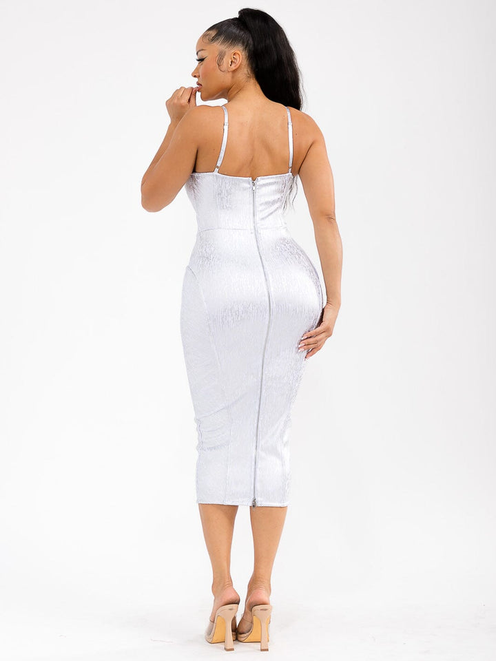 WOMEN'S SLEEVELESS BANDAGE SHIMMER BODYCON MIDI DRESS