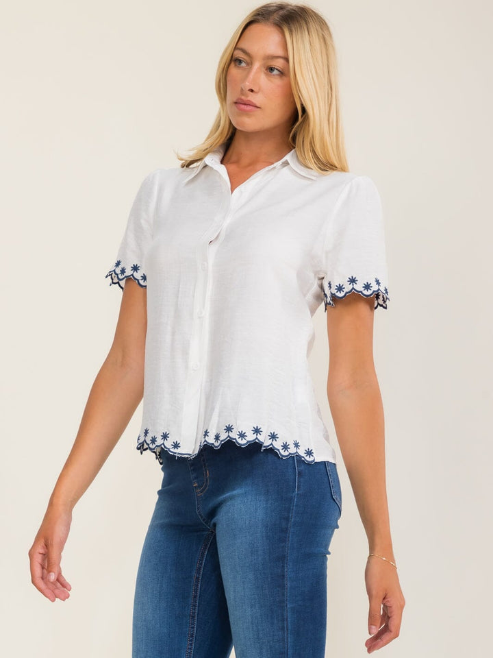 WOMEN'S SHORT SLEEVES BUTTON UP EMBROIDERY TRIM BLOUSE