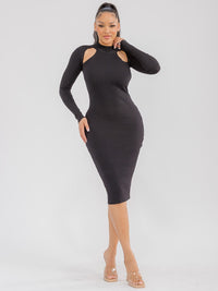 WOMEN'S LONG SLEEVE OPEN BACK RIBBED BODYCON MIDI DRESS
