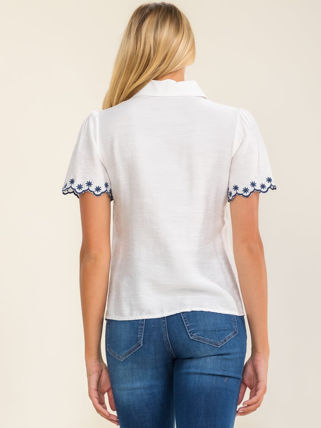WOMEN'S SHORT SLEEVES BUTTON UP EMBROIDERY TRIM BLOUSE