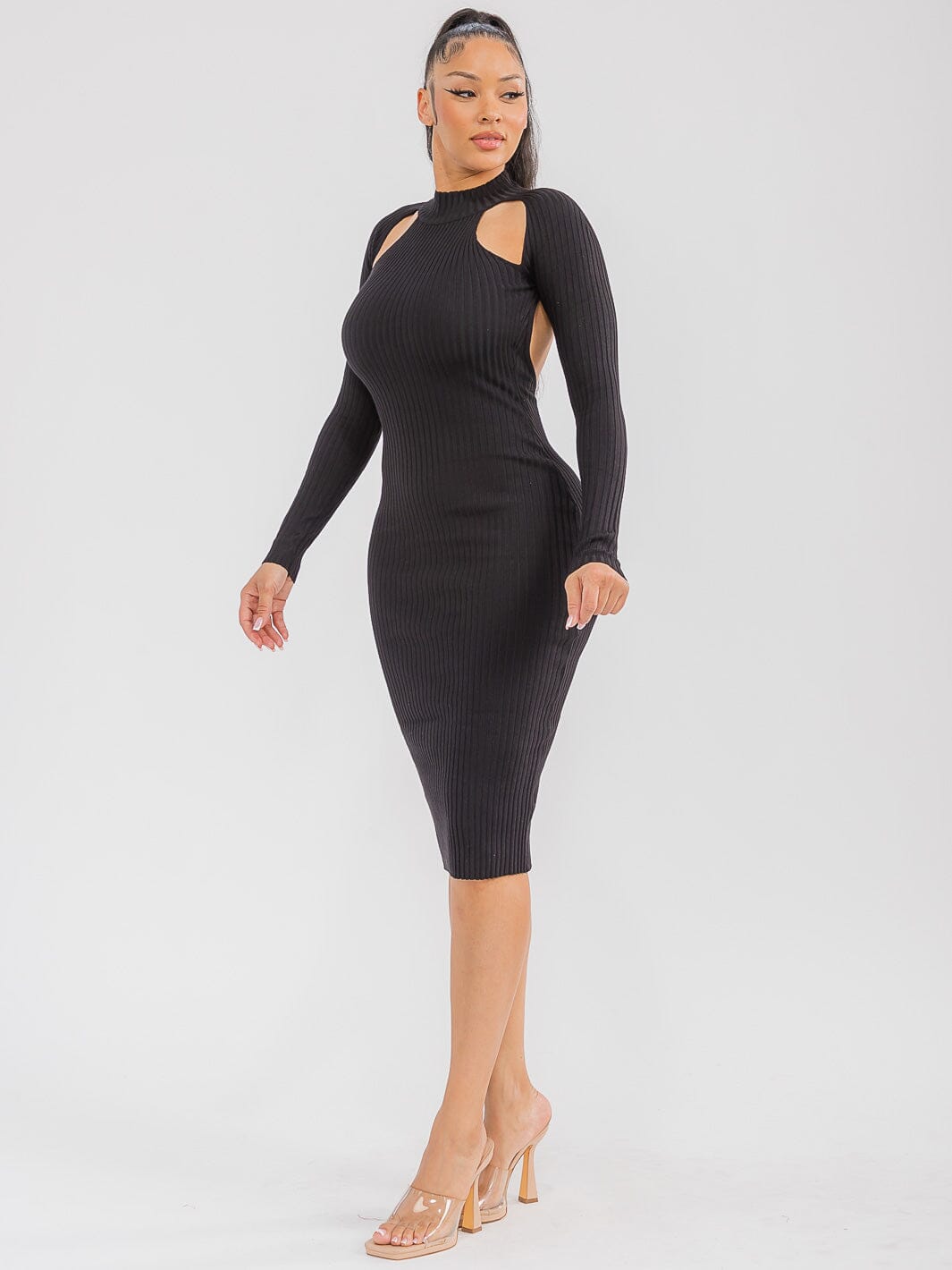 WOMEN'S LONG SLEEVE OPEN BACK RIBBED BODYCON MIDI DRESS