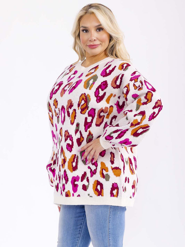 PLUS SIZE LONG SLEEVE ANIMAL PRINT PULLOVER BLOUSE