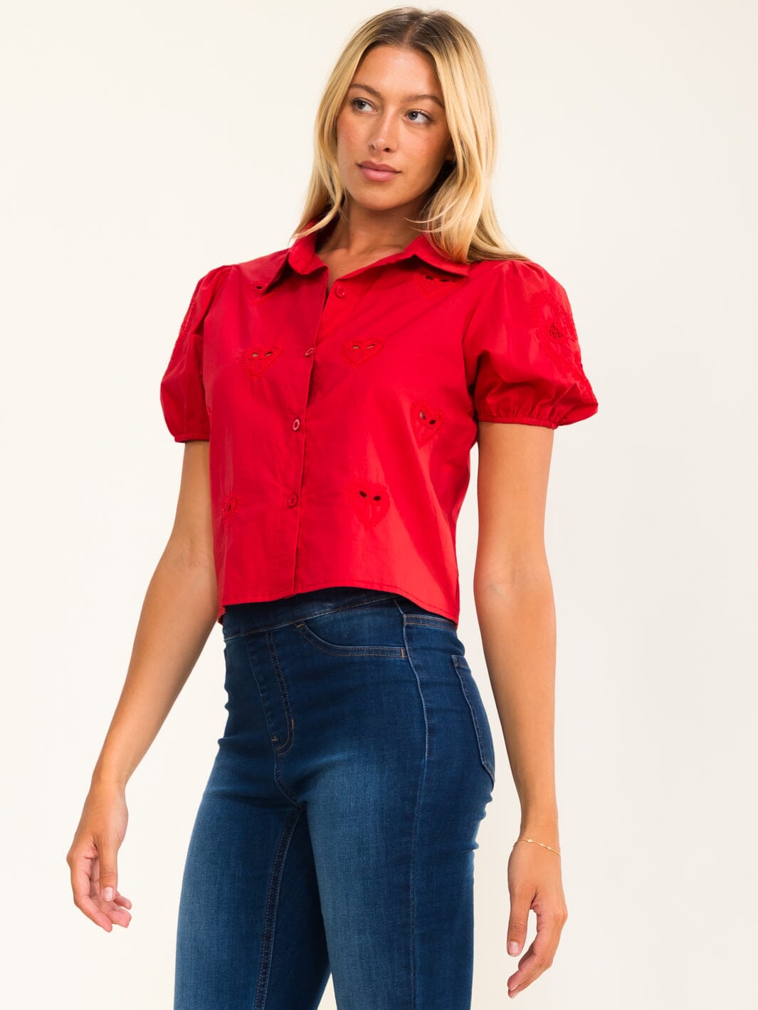WOMEN'S SHORT PUFF SLEEVES BUTTON UP HEART EYELET BLOUSE