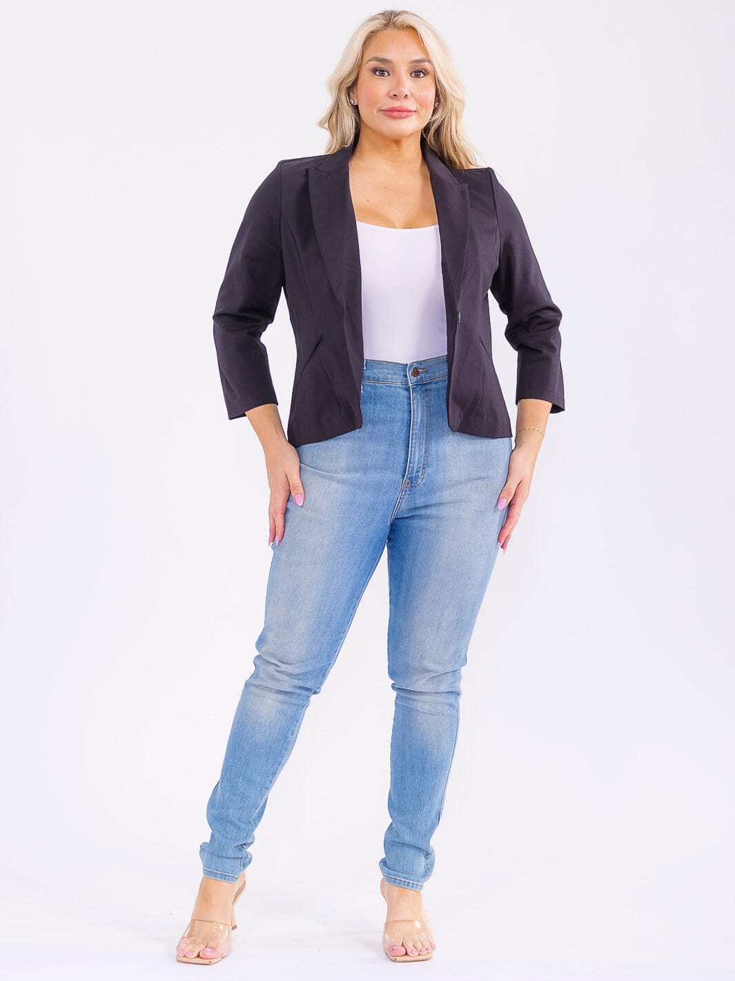 PLUS SIZE 3/4 SLEEVE BUTTON CLOSURE FRONT POCKETS BLAZER