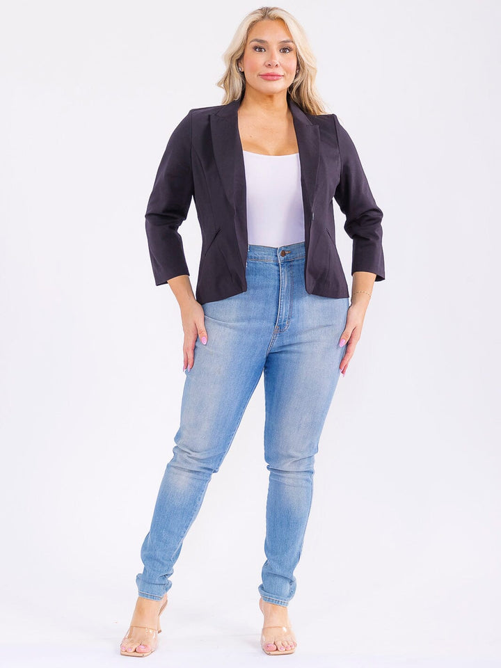PLUS SIZE 3/4 SLEEVE BUTTON CLOSURE FRONT POCKETS BLAZER