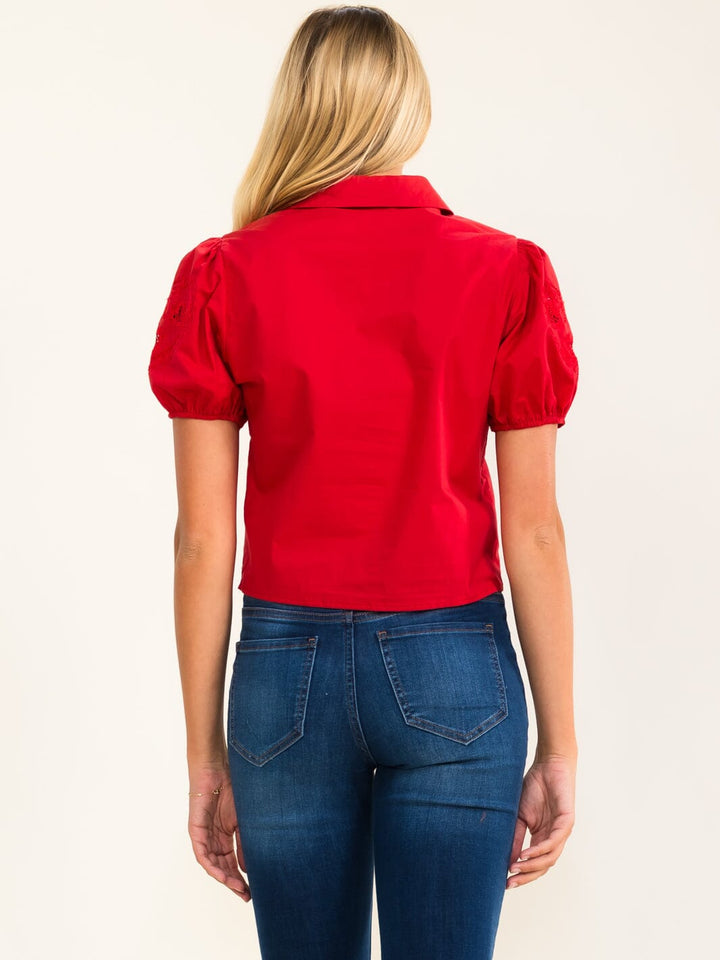WOMEN'S SHORT PUFF SLEEVES BUTTON UP HEART EYELET BLOUSE