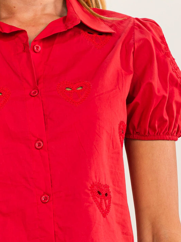 WOMEN'S SHORT PUFF SLEEVES BUTTON UP HEART EYELET BLOUSE