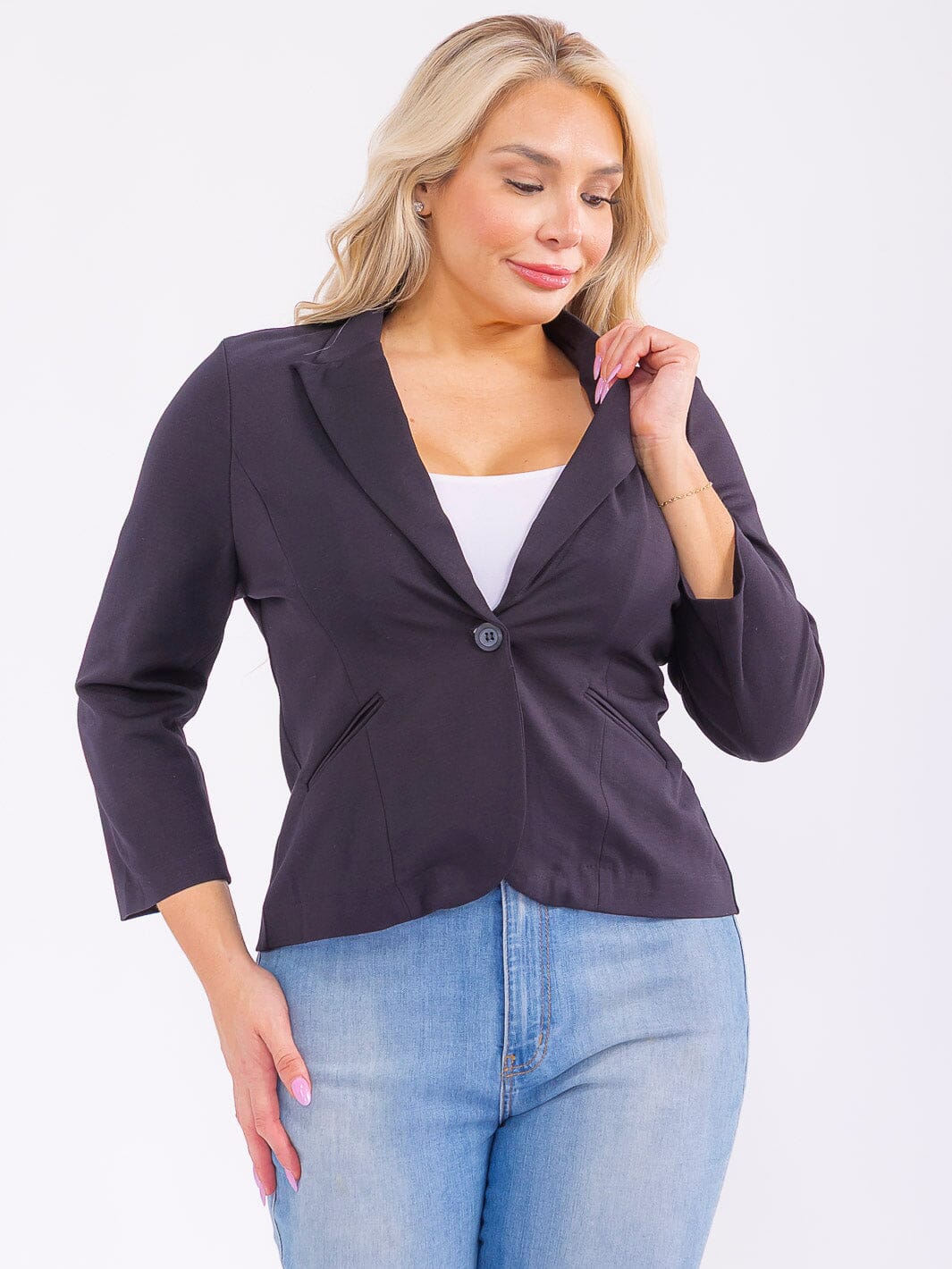 PLUS SIZE 3/4 SLEEVE BUTTON CLOSURE FRONT POCKETS BLAZER