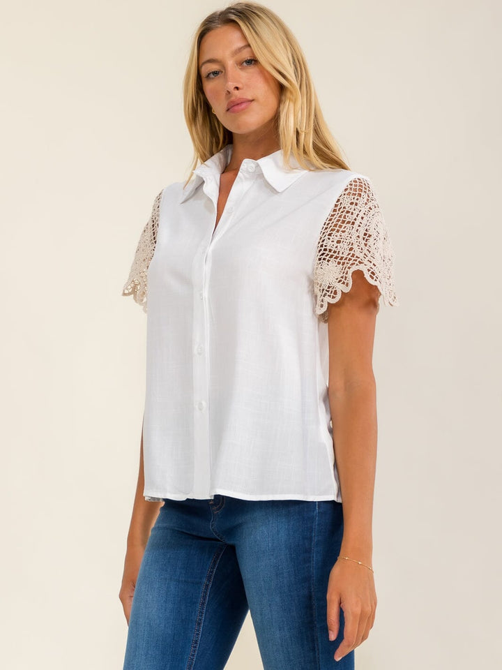 WOMEN'S SHORT CROCHET SLEEVES BUTTON UP BLOUSE