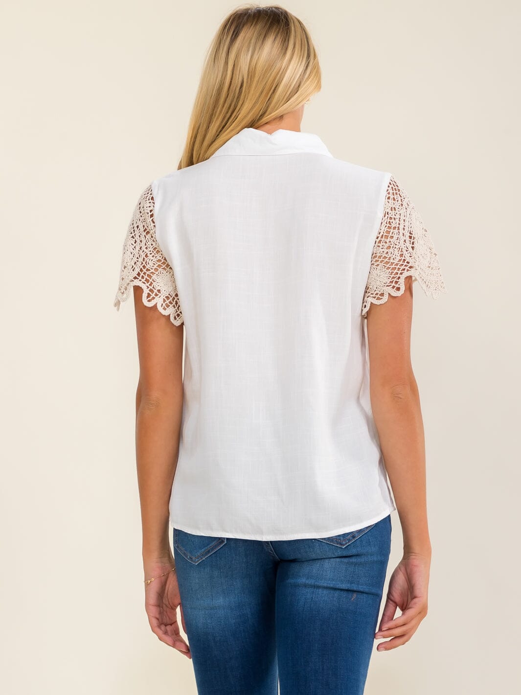 WOMEN'S SHORT CROCHET SLEEVES BUTTON UP BLOUSE