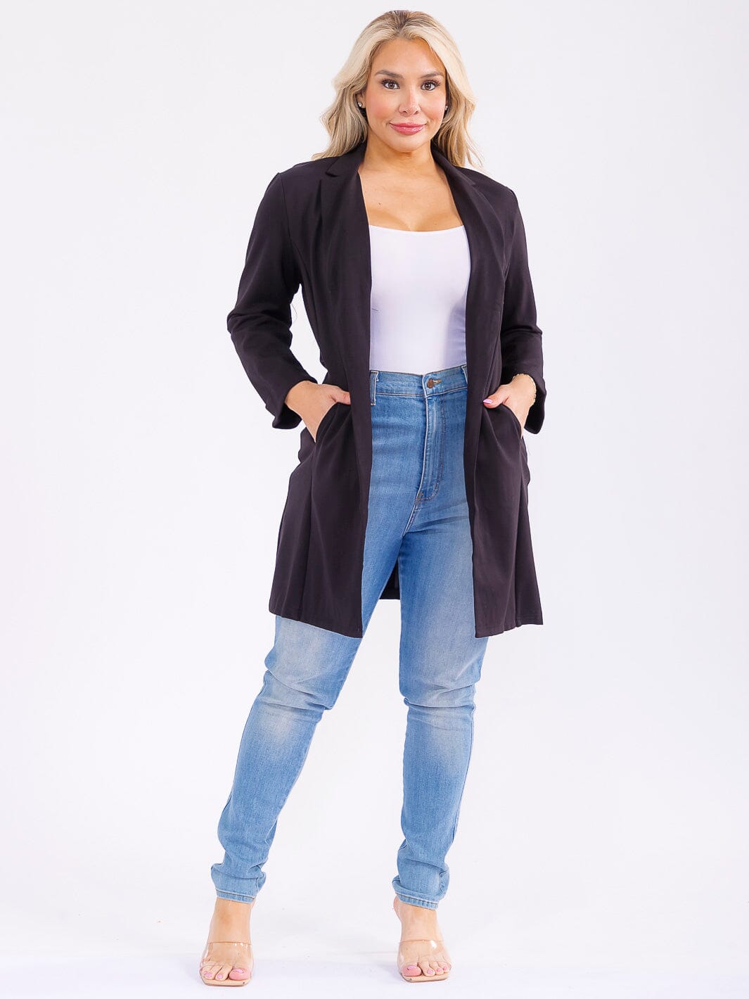 PLUS SIZE LONG SLEEVE OPEN FRONT POCKETS CARDIGAN