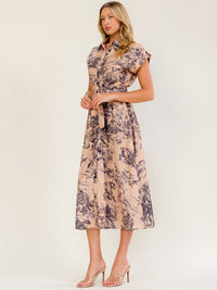 WOMEN'S SHORT SLEEVE BUTTON UP SELF TIE MULTI PRINT MIDI DRESS