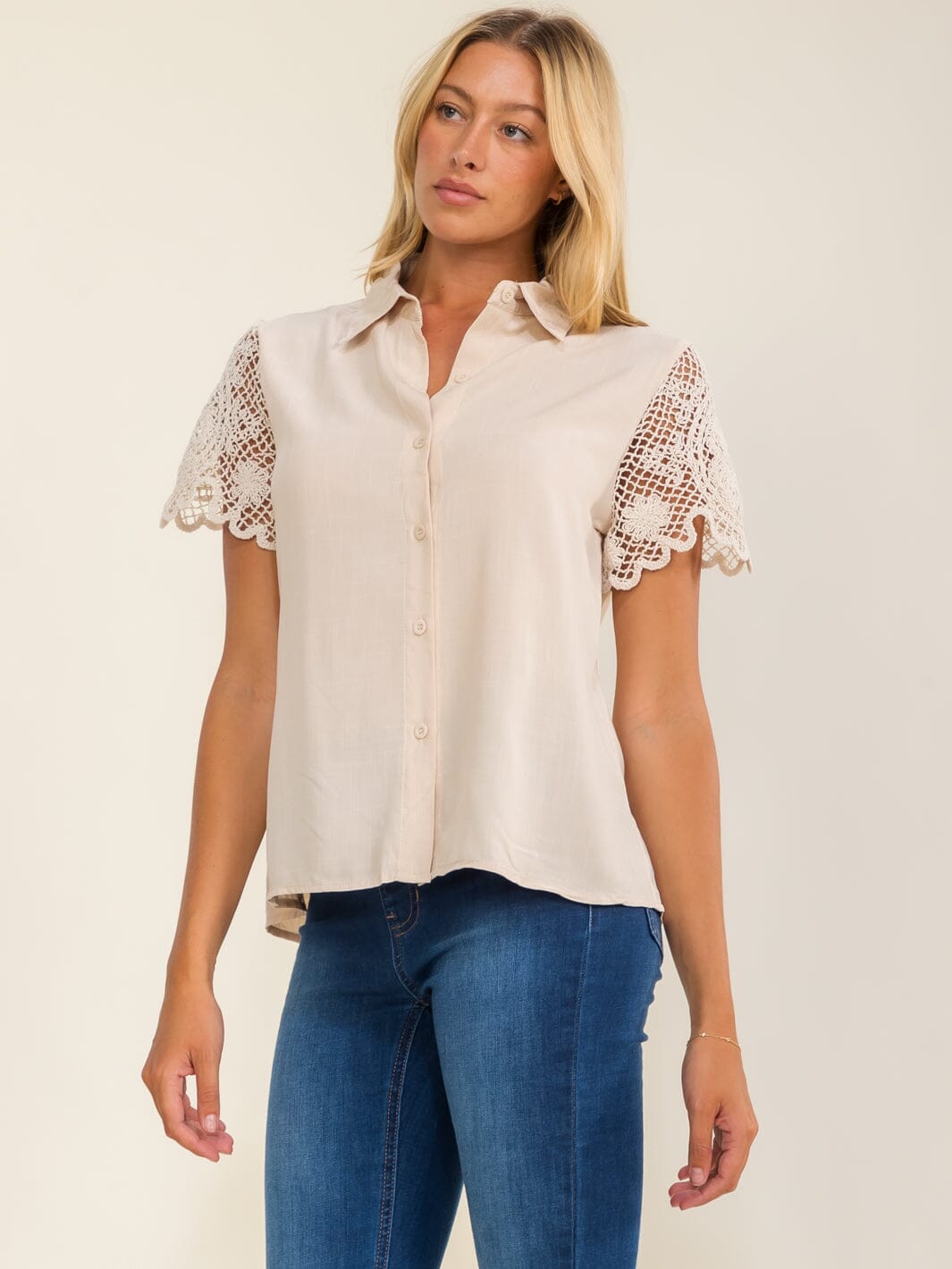 WOMEN'S SHORT CROCHET SLEEVES BUTTON UP BLOUSE
