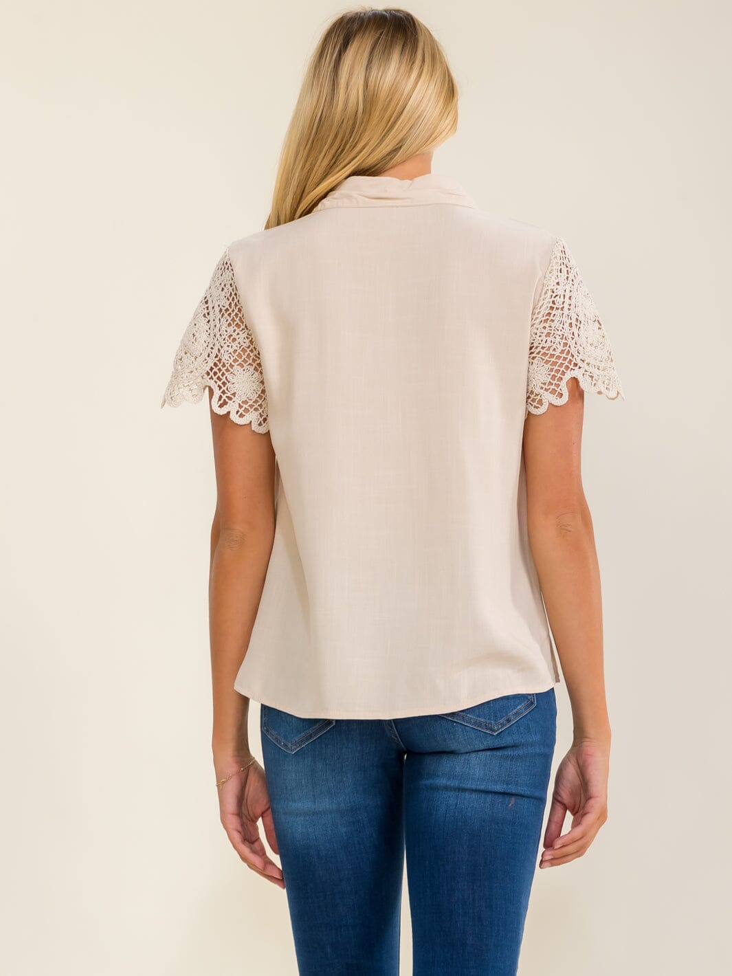 WOMEN'S SHORT CROCHET SLEEVES BUTTON UP BLOUSE