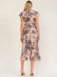 WOMEN'S SHORT SLEEVE BUTTON UP SELF TIE MULTI PRINT MIDI DRESS