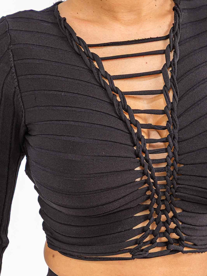 WOMEN'S LONG SLEEVE CROP TOP & MINI SKIRT LACE UP DETAILED 2PC. SET