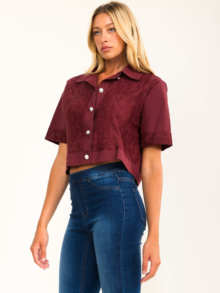 WOMEN'S SHORT SLEEVES BUTTON UP LACE DETAILED BLOUSE