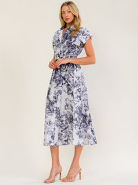 WOMEN'S SHORT SLEEVE BUTTON UP SELF TIE MULTI PRINT MIDI DRESS