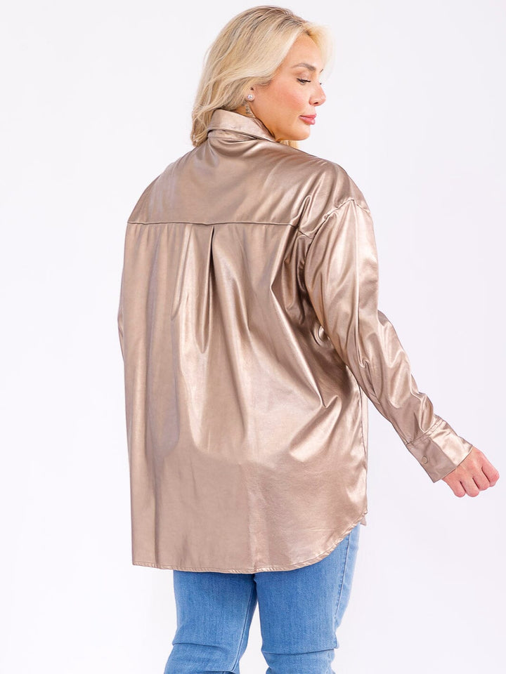 PLUS SIZE LONG SLEEVE BUTTON UP FRONT POCKET PU PLEATHER SHACKET