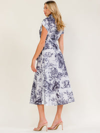 WOMEN'S SHORT SLEEVE BUTTON UP SELF TIE MULTI PRINT MIDI DRESS