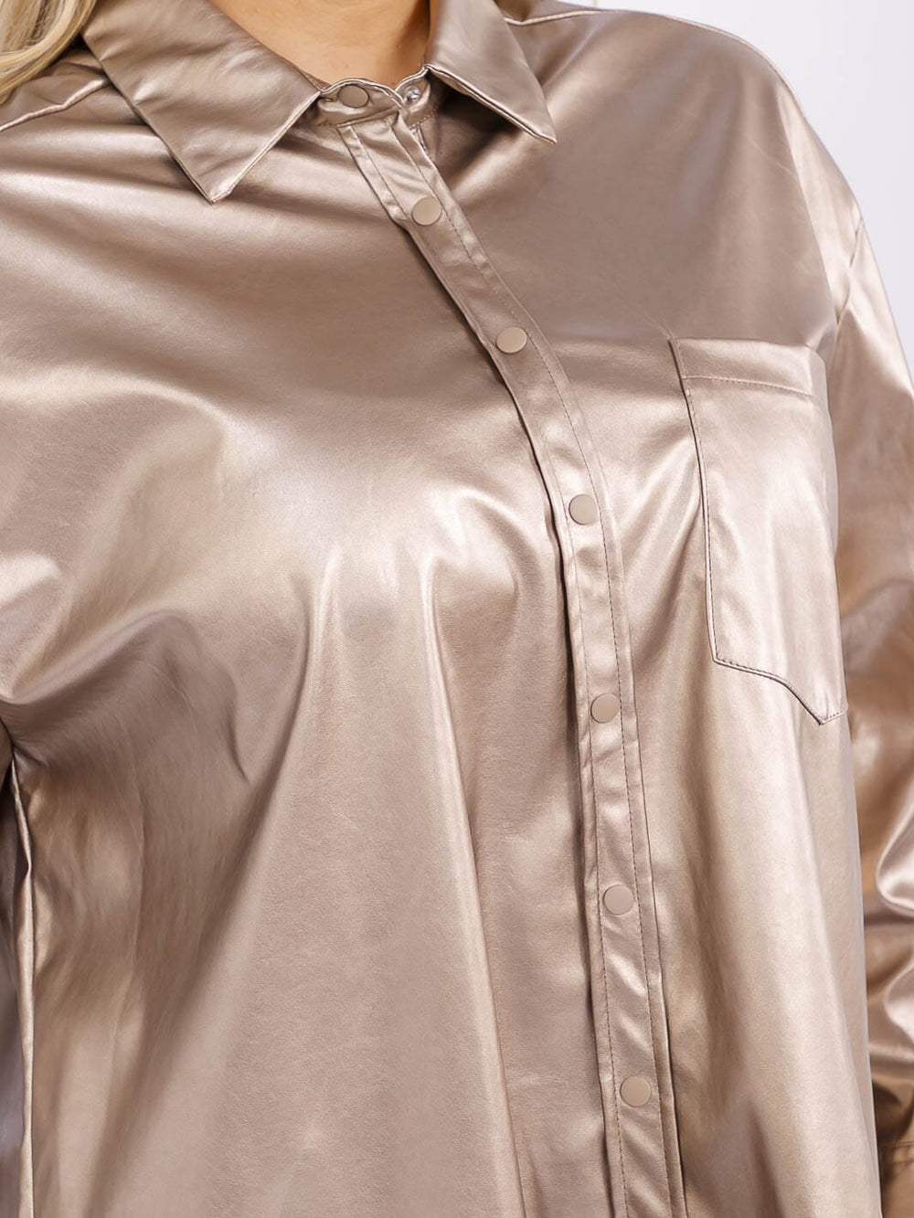 PLUS SIZE LONG SLEEVE BUTTON UP FRONT POCKET PU PLEATHER SHACKET