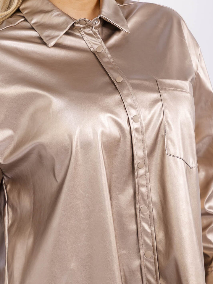 PLUS SIZE LONG SLEEVE BUTTON UP FRONT POCKET PU PLEATHER SHACKET