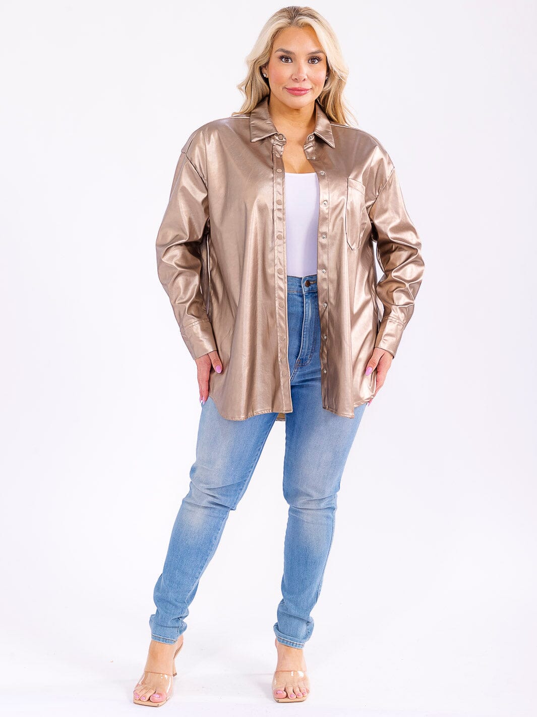 PLUS SIZE LONG SLEEVE BUTTON UP FRONT POCKET PU PLEATHER SHACKET