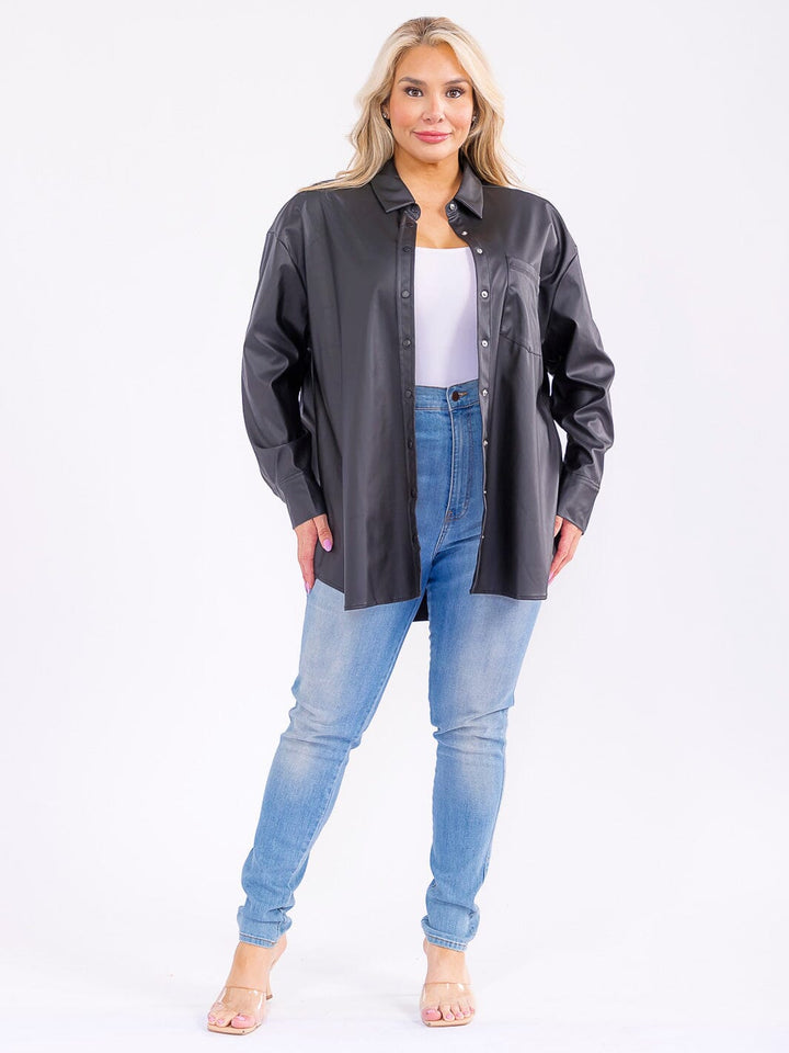 PLUS SIZE LONG SLEEVE BUTTON UP FRONT POCKET PU PLEATHER SHACKET