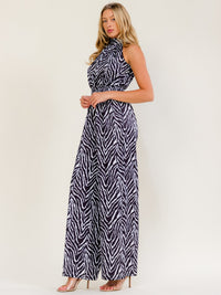 WOMEN'S SLEEVELESS HALTER NECK ELASTIC WAIST WIDE LEG ZEBRA PRINT JUMPSUIT
