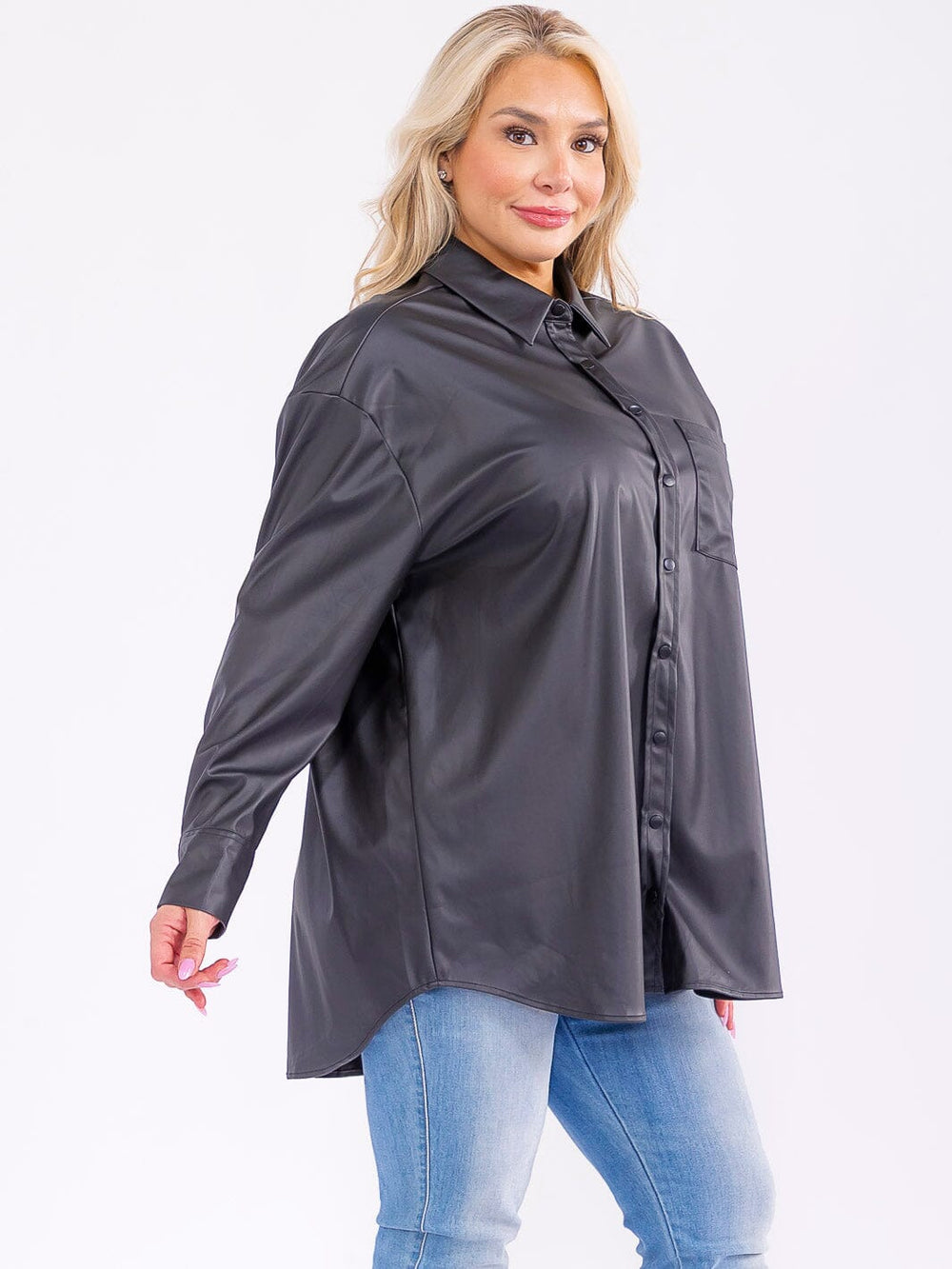 PLUS SIZE LONG SLEEVE BUTTON UP FRONT POCKET PU PLEATHER SHACKET