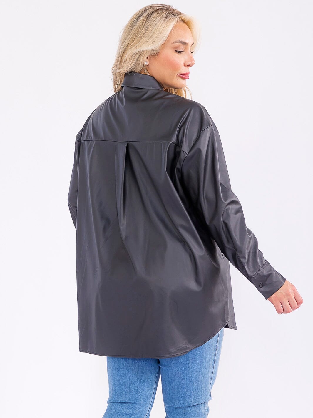 PLUS SIZE LONG SLEEVE BUTTON UP FRONT POCKET PU PLEATHER SHACKET
