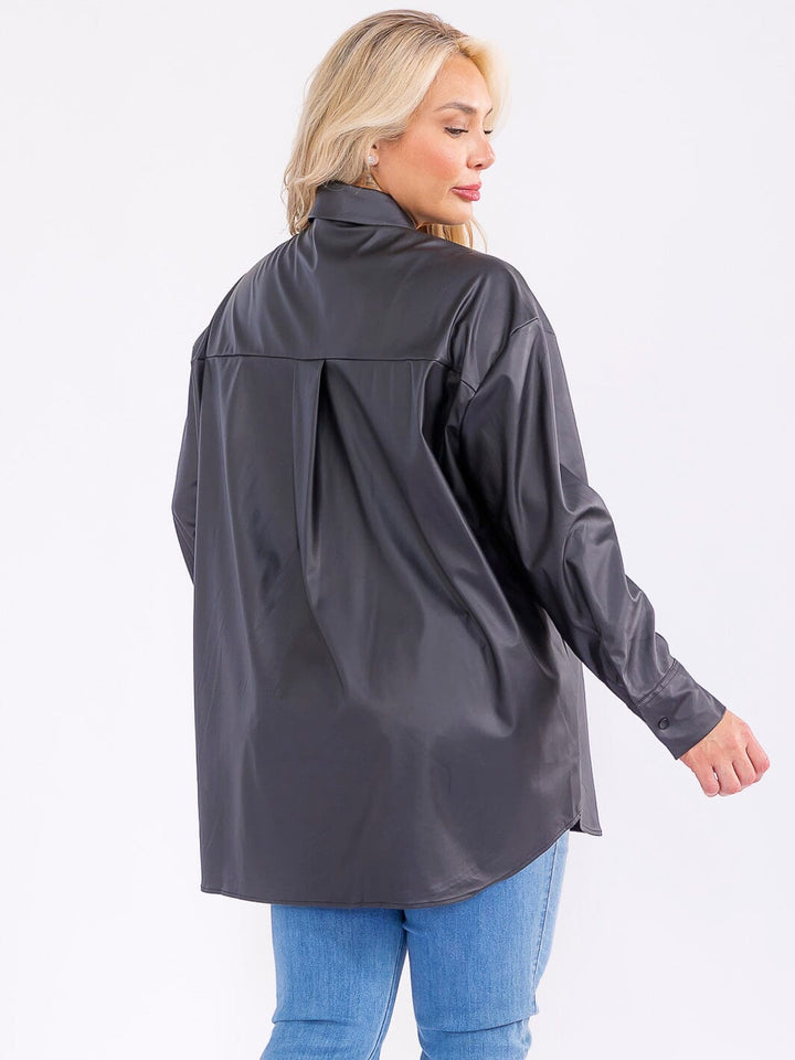 PLUS SIZE LONG SLEEVE BUTTON UP FRONT POCKET PU PLEATHER SHACKET