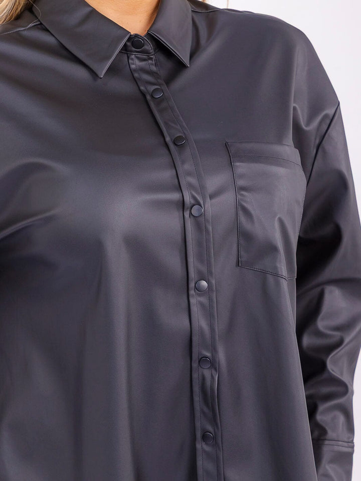 PLUS SIZE LONG SLEEVE BUTTON UP FRONT POCKET PU PLEATHER SHACKET