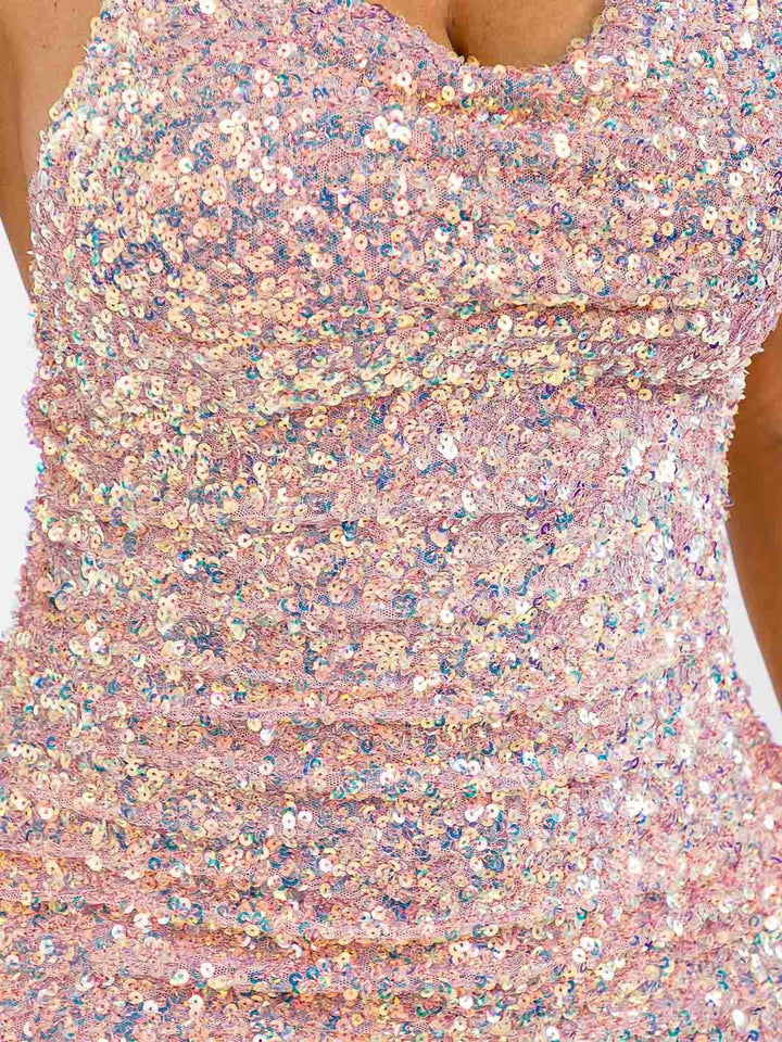 WOMEN'S SLEEVELESS OPEN BACK SEQUINS RUCHED BODYCON MINI DRESS