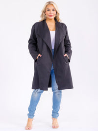 PLUS SIZE LONG SLEEVE OPEN FRONT POCKETS RIBBED COAT