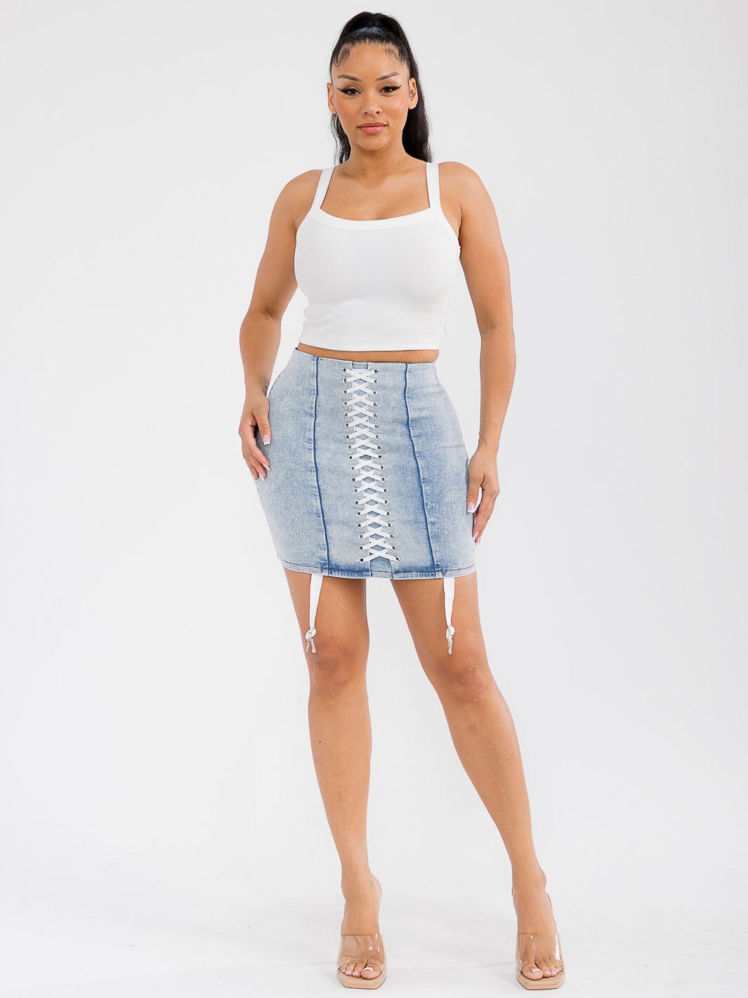 WOMEN'S ELASTIC WAIST LACE UP DENIM WASHED MINI SKIRT