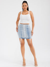 WOMEN'S ELASTIC WAIST LACE UP DENIM WASHED MINI SKIRT