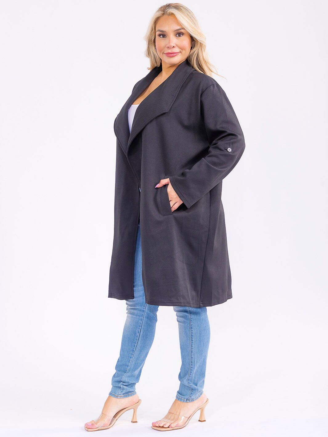 PLUS SIZE LONG SLEEVE OPEN FRONT POCKETS RIBBED COAT