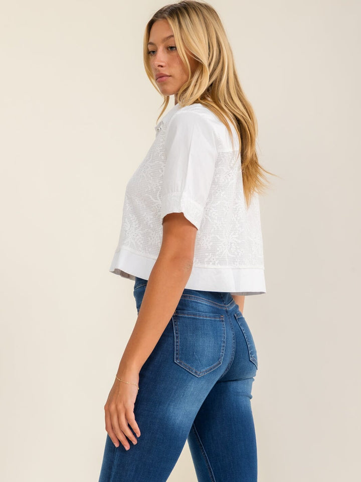 WOMEN'S SHORT SLEEVES BUTTON UP LACE DETAILED BLOUSE