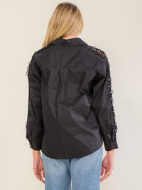 WOMEN'S LONG CROCHET SLEEVE BUTTON UP STUDS DETAILED SHIRT
