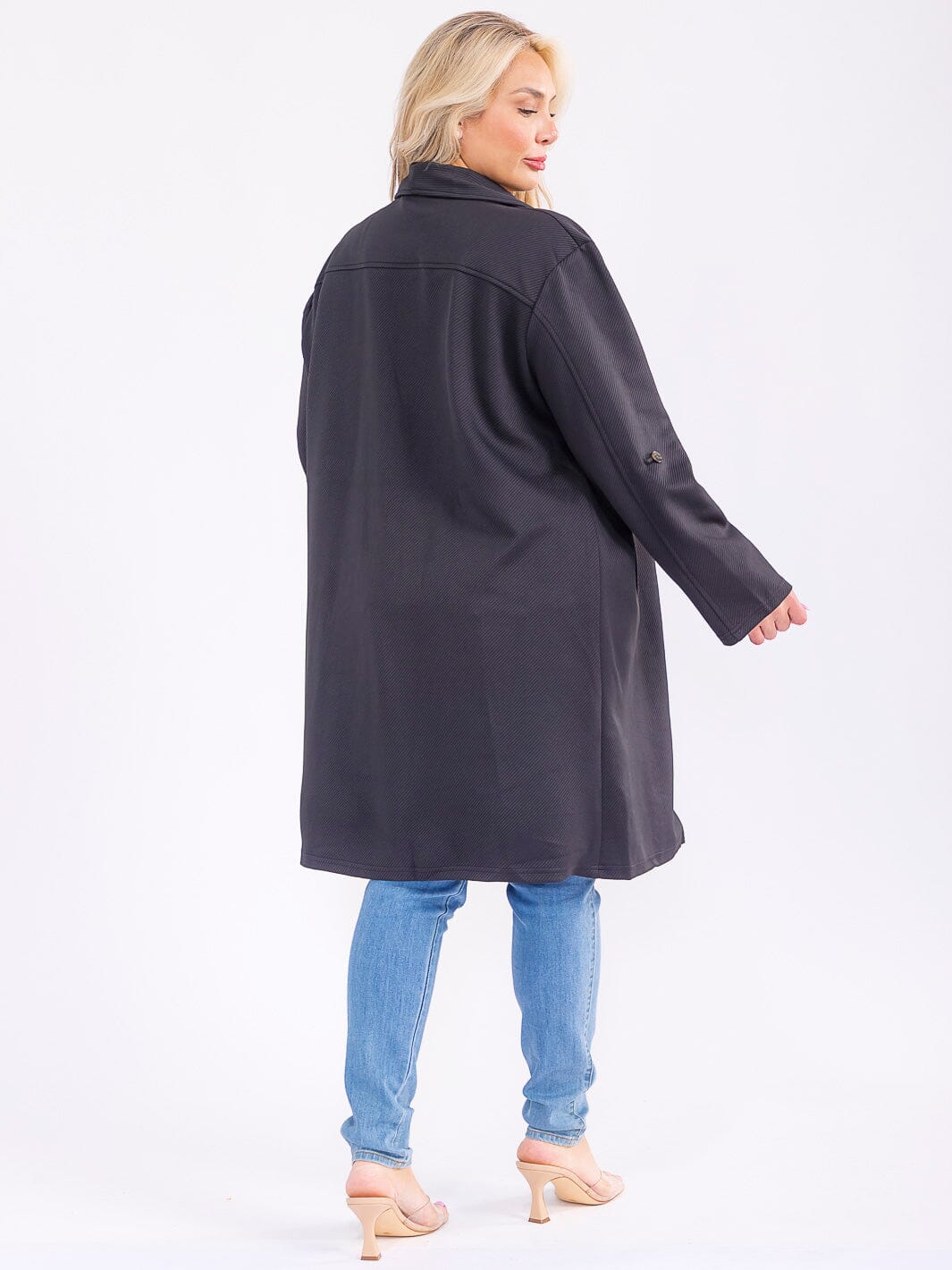 PLUS SIZE LONG SLEEVE OPEN FRONT POCKETS RIBBED COAT