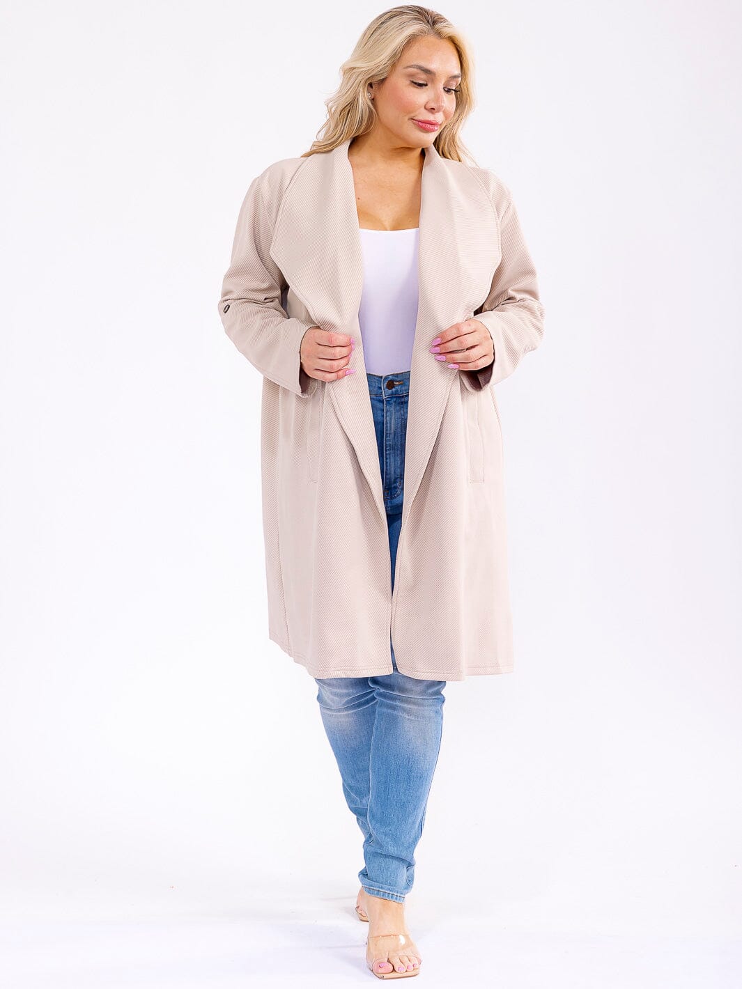 PLUS SIZE LONG SLEEVE OPEN FRONT POCKETS RIBBED COAT