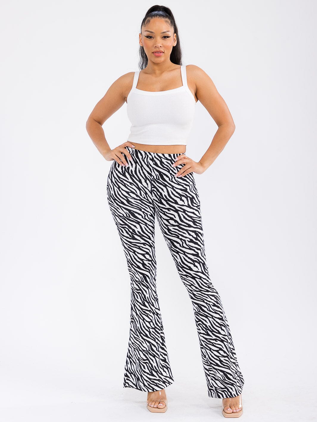 WOMEN'S ELASTIC WAIST ZEBRA PRINT BELL LEG PANTS
