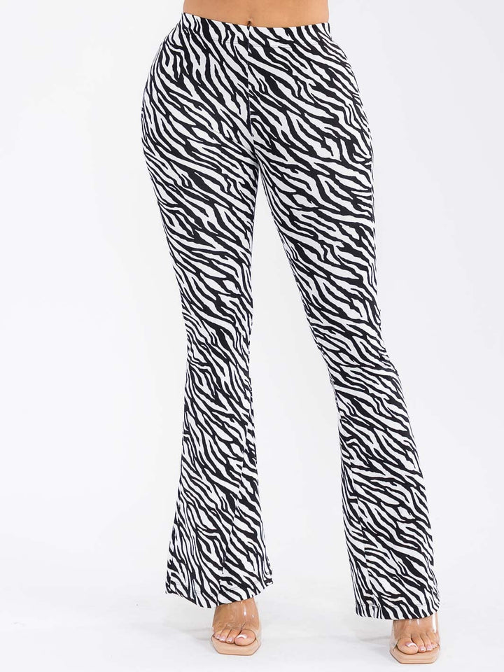 WOMEN'S ELASTIC WAIST ZEBRA PRINT BELL LEG PANTS