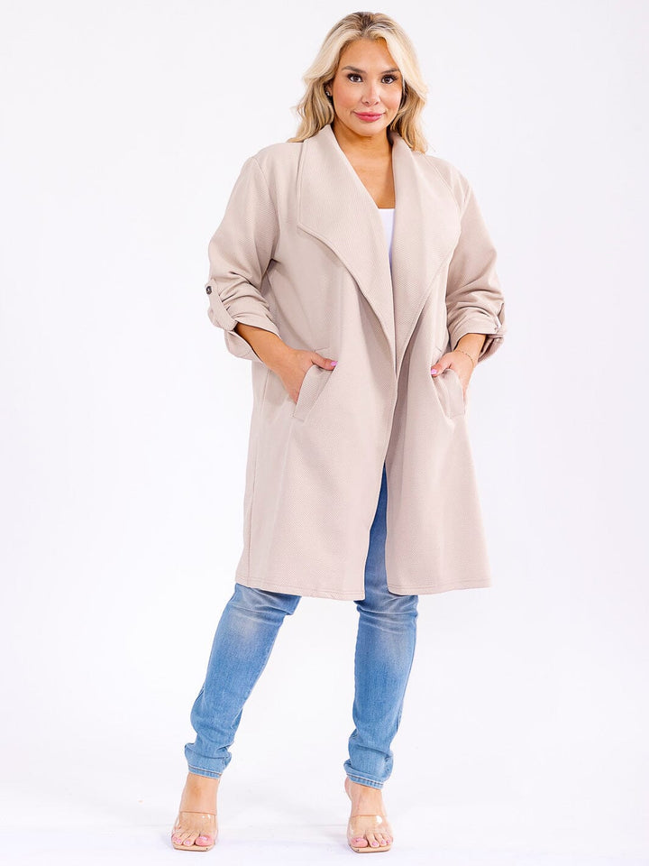 PLUS SIZE LONG SLEEVE OPEN FRONT POCKETS RIBBED COAT