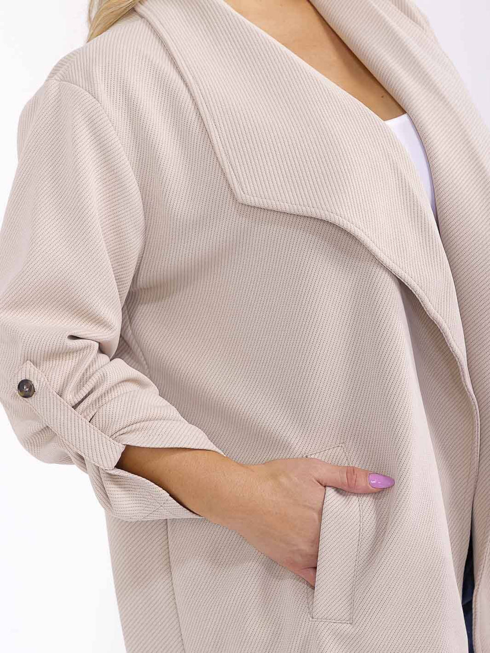 PLUS SIZE LONG SLEEVE OPEN FRONT POCKETS RIBBED COAT