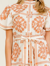 WOMEN'S SHORT SLEEVE BUTTON UP MOCK NECK SELF TIE MULTI PRINT ROMPER