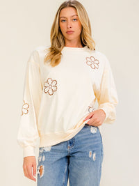 WOMEN'S LONG SLEEVE FLOWER DETAILED PULLOVER SWEATER