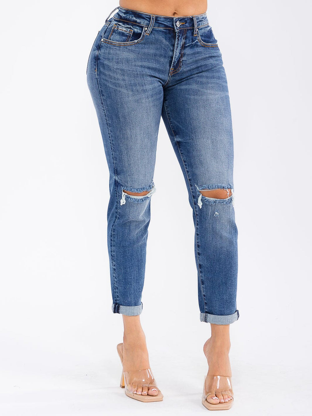 WOMEN'S BUTTON CLOSURE DISTRESS STRETCH DENIM STRAIGHT LEG JEANS