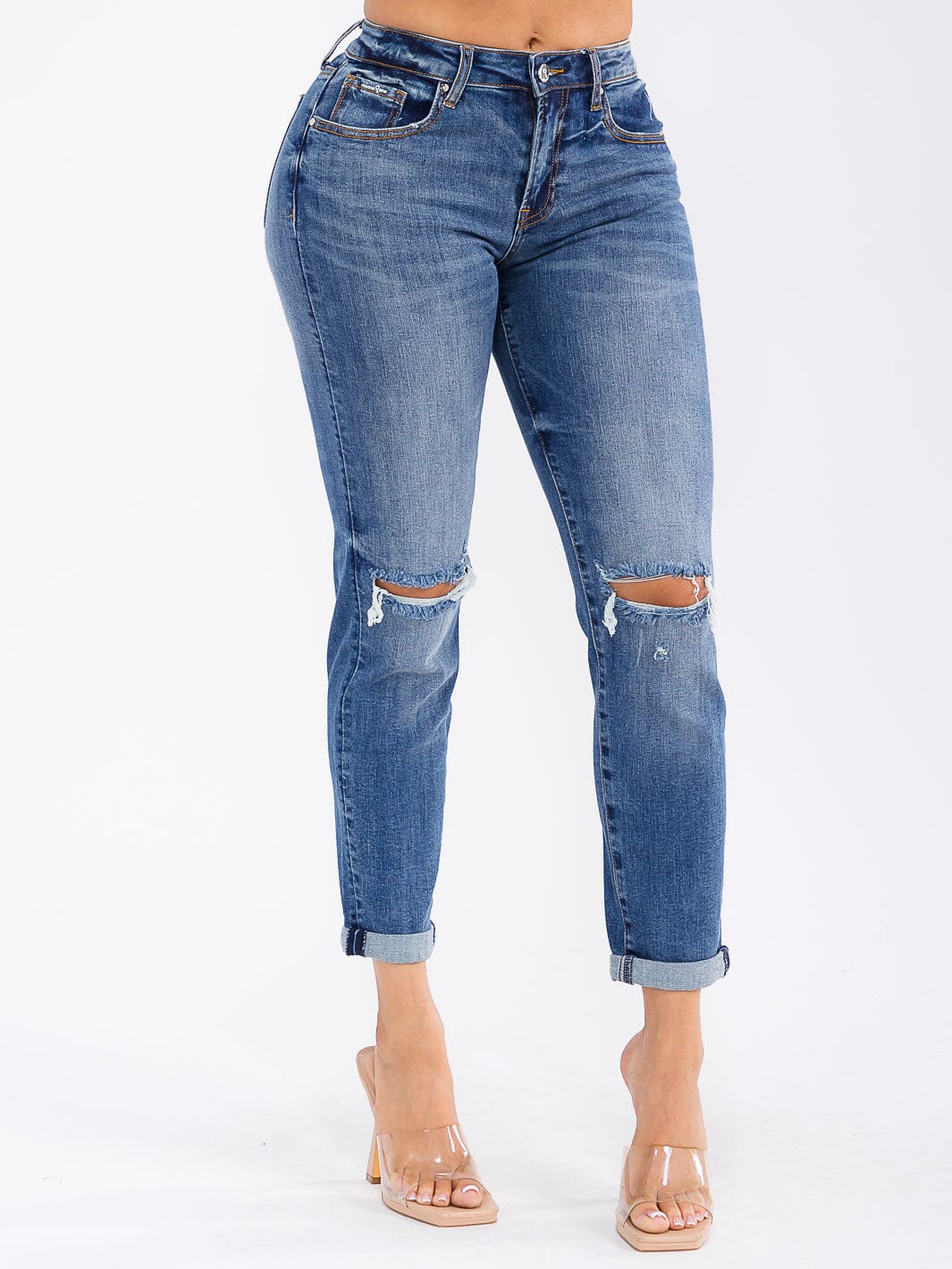 WOMEN'S BUTTON CLOSURE DISTRESS STRETCH DENIM STRAIGHT LEG JEANS